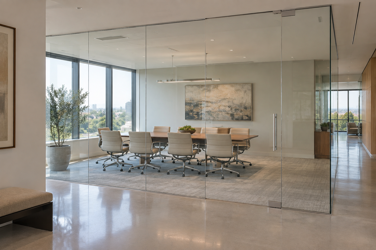 AI design concept of a clear frameless glass office partition