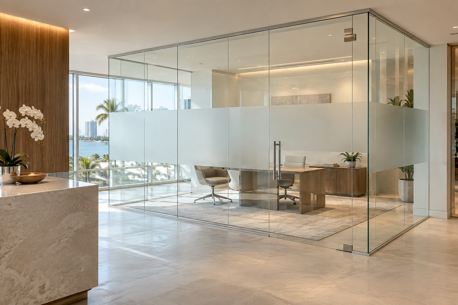 AI concept of a frosted frameless glass private office partition