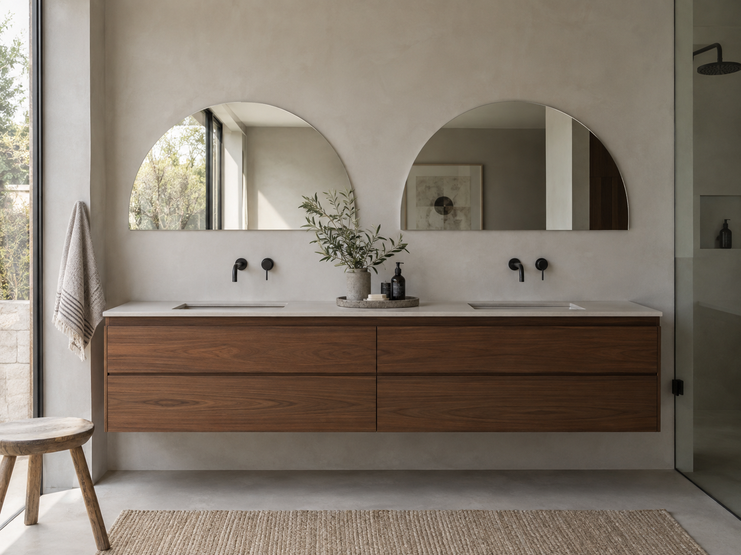 AI concept of paired frameless half-moon mirrors above a double vanity