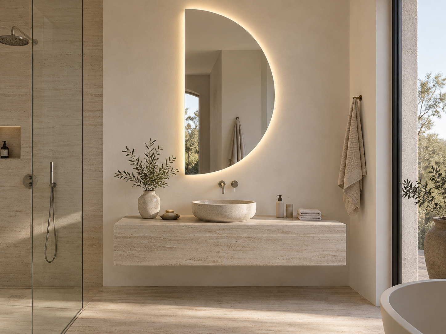 AI concept of a vertical frameless half-moon mirror with warm backlighting above a vanity