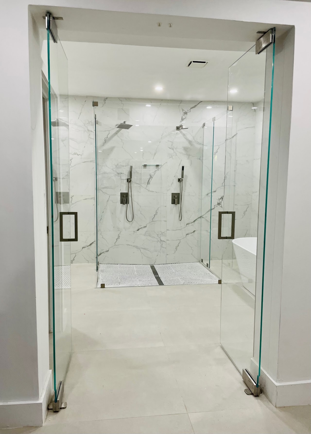 Double shower doors from another angle