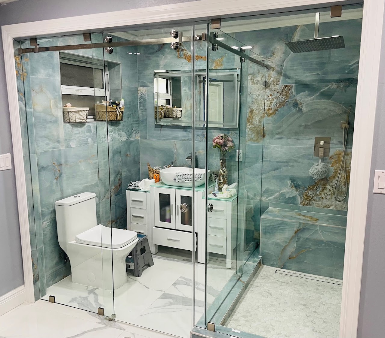 Alternate view of blue stone shower enclosure